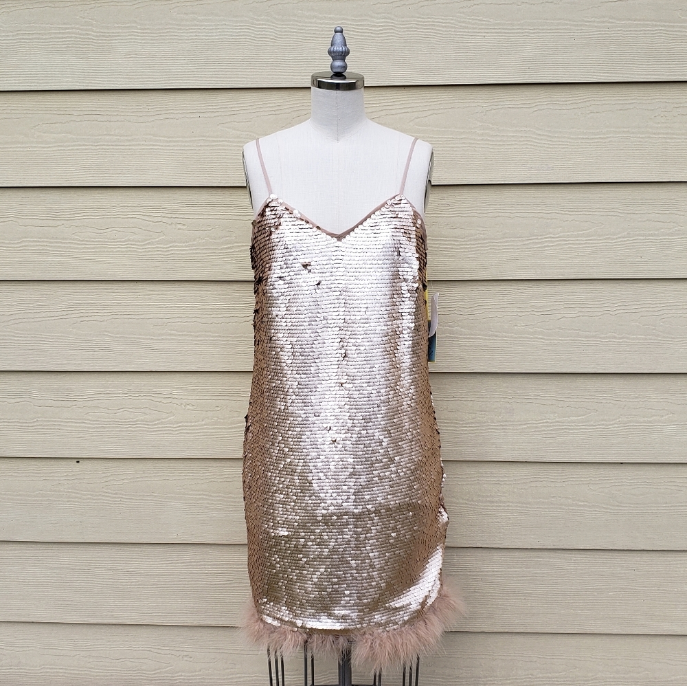 NEW Cece Feather Trim Sequin Slip Dress